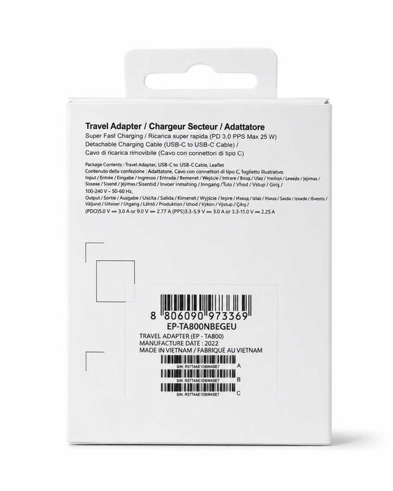 Încărcător Original Samsung 25W Super Fast Charging, USB-C, PD 3.0 PPS, cu cablu USB-C la USB-C, Negru, EP-TA800NBEGEU