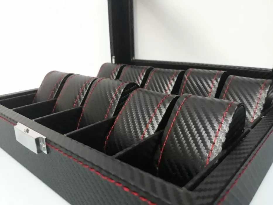 Cutie caseta ceas uri negru carbon 6 compartimente. SIGILAT !