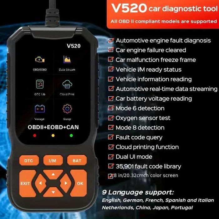 Професионален автомобилен диагностичен кодочетец V520 Full OBD2 EOBD
