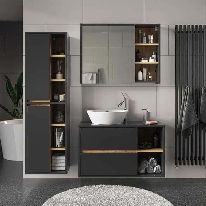 Огледален шкаф за баня Vicco Viola, антрацит/дъб, 100 x 75 см