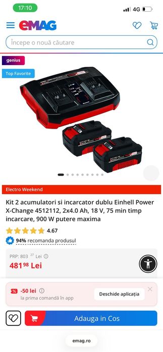 Kit 2 acumulatori si incarcator dublu Einhell Power X-Change 4512112, 2x4.0 Ah, 18 V,nou