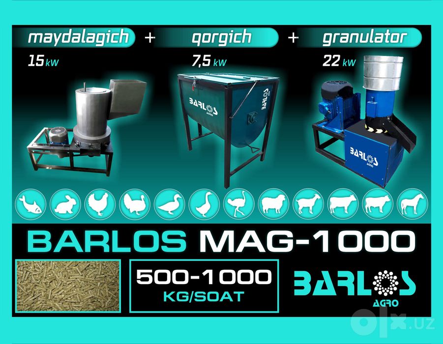Комплект до 1000 кг/ч: Гранулятор + Дробилка + Смеситель + Эл.Щит