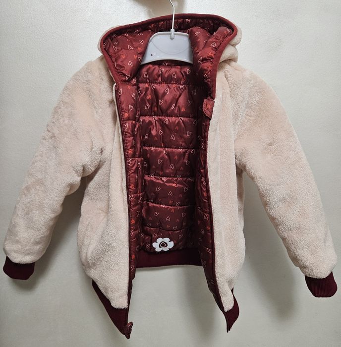 Geacă copii 4–5 ani, față dublă + captușeală pufoasă, bordo