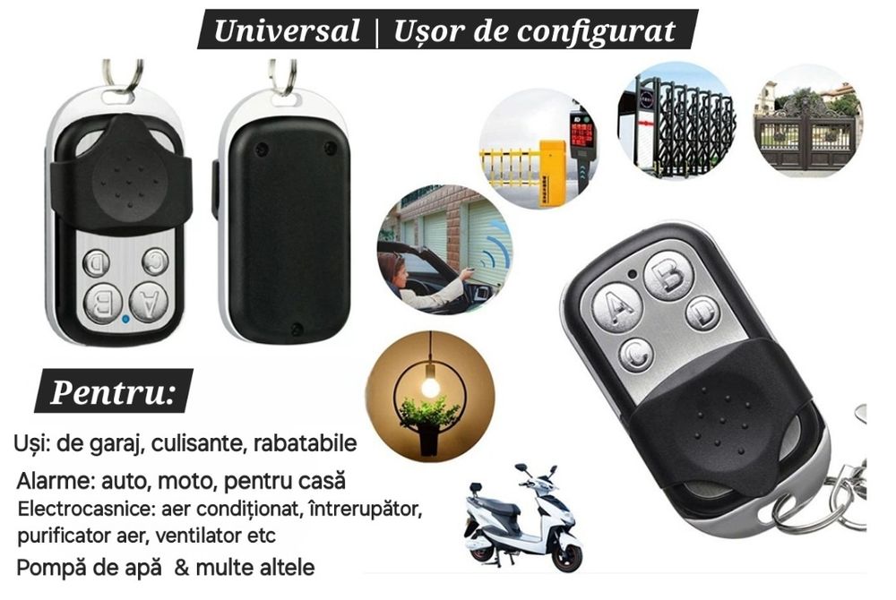 Telecomandă universală: garaj, poartă, alarmă auto/moto, lumini, pompă