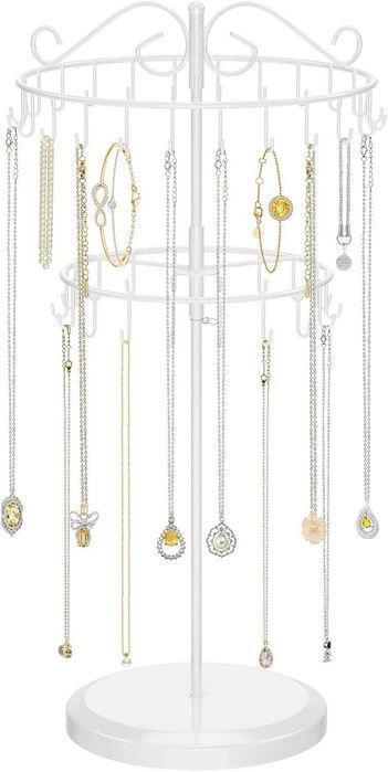 Suport bijuterii rotativ, 2 niveluri, 42 carlige, alb
