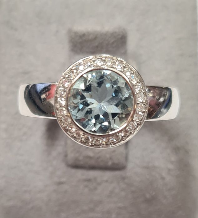 Inel din aur alb 14k, cu acvamarin natural si diamante naturale,