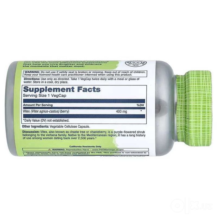 Solaray Vitex, 400 mg витекс, 400 мг, 100 растительных капсул