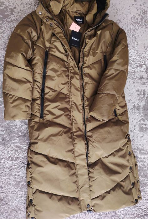 Geacă lungă Only tip palton, nouă, cu etichetă, XS -S, verde măsliniu