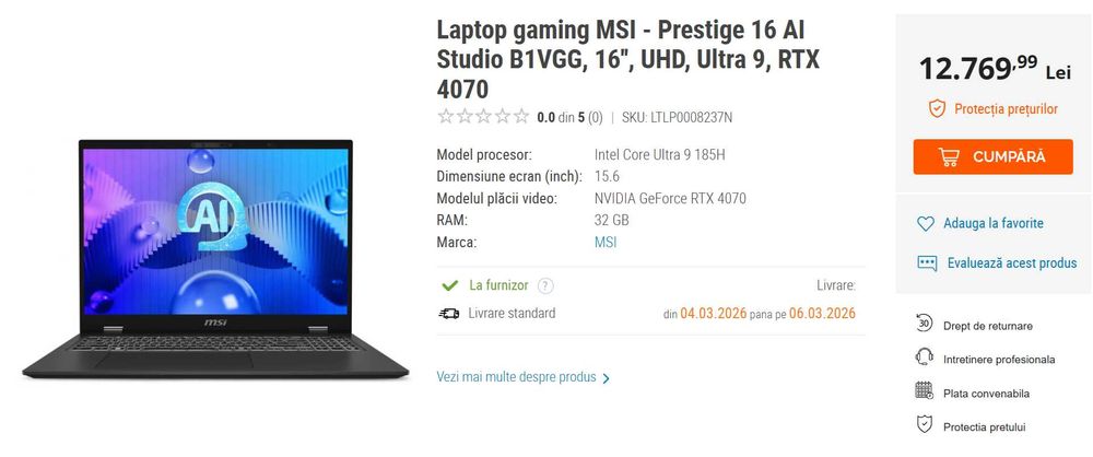 Laptop MSI - Prestige 16 AI Studio B1VGG, 16'', UHD, Ultra 9, RTX 4070