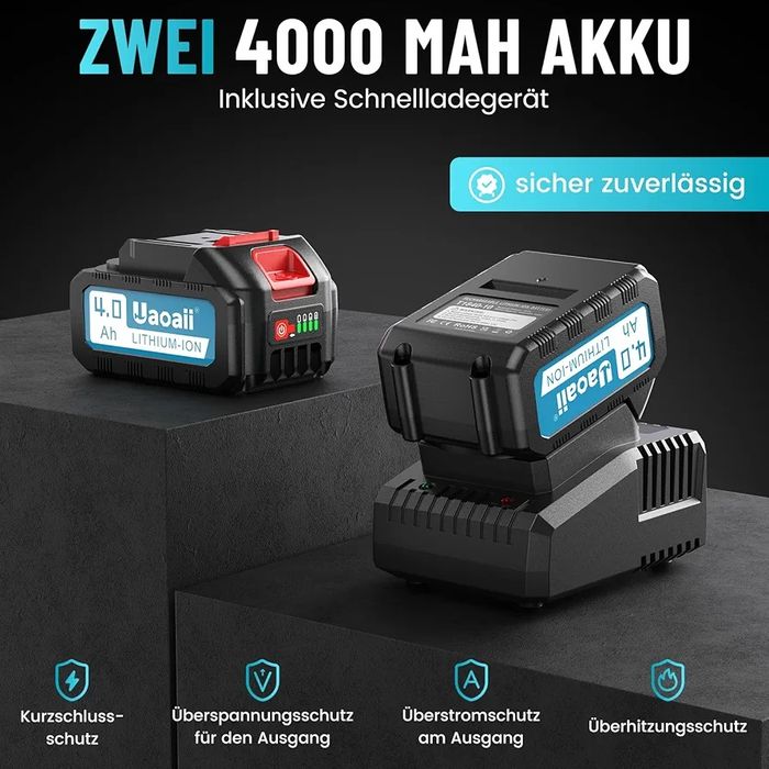 Ударен гайковерт с батерия 650 Nm, 2 броя батерия 4000 mAh и бързо зарядно, 5 ударни накрайника и 8 бормашини, ротационен ударен гайковерт
