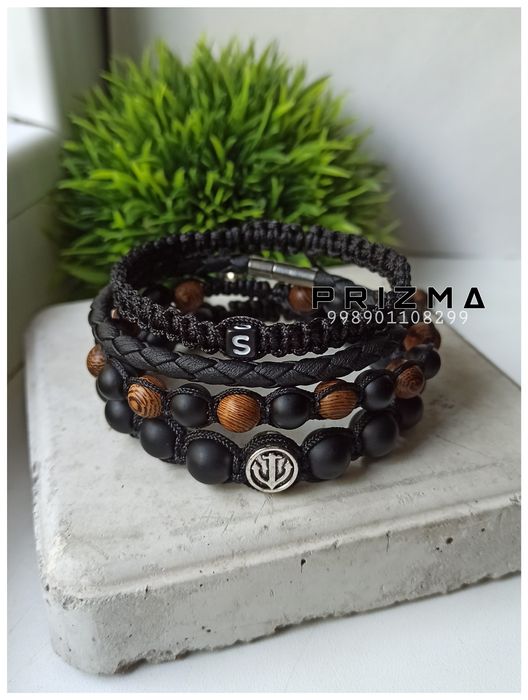 Мужской браслет классика кожзам акрил шнуры дерево.