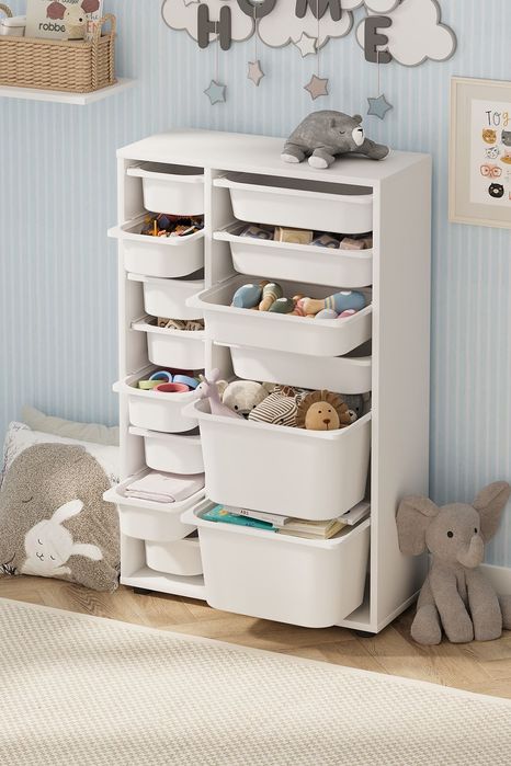 Органайзер за играчки с 14 кошници, Бял