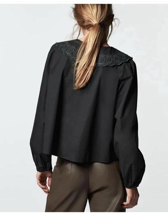 Camasa zara neagra guler broderie bumbac marime XS S M