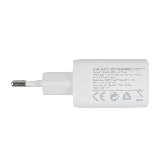 Încărcător Rețea Spacer GaN 45W, Power Delivery, 2x USB-C