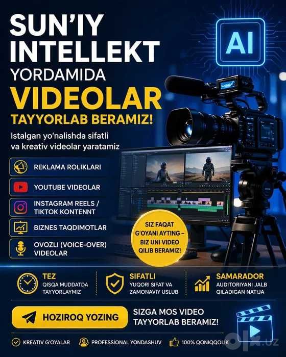 Ai Sun’iy intellekt yordamida PROFESSIONAL videolar tayyorlab beramiz!