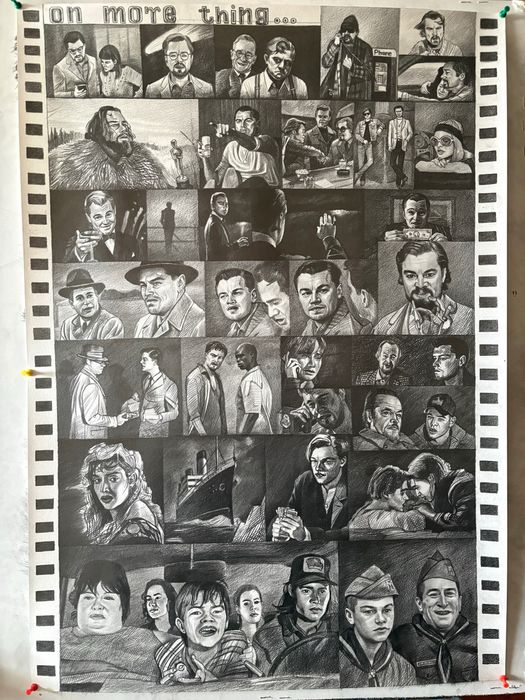 Эскиз карандашом с исторической фильмографией Ди Каприо.