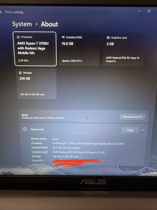 Laptop asus ryzen 7, 16gb ram