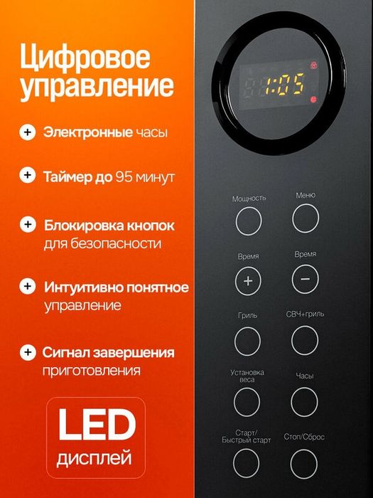 Микроволновая печь c грилем BRAYER BR2506, 900Вт, 23л, 9 режимов, 6 ур
