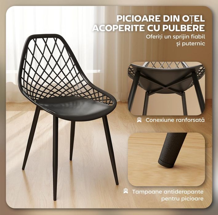Set 4 scaune negre cu spătar perforat