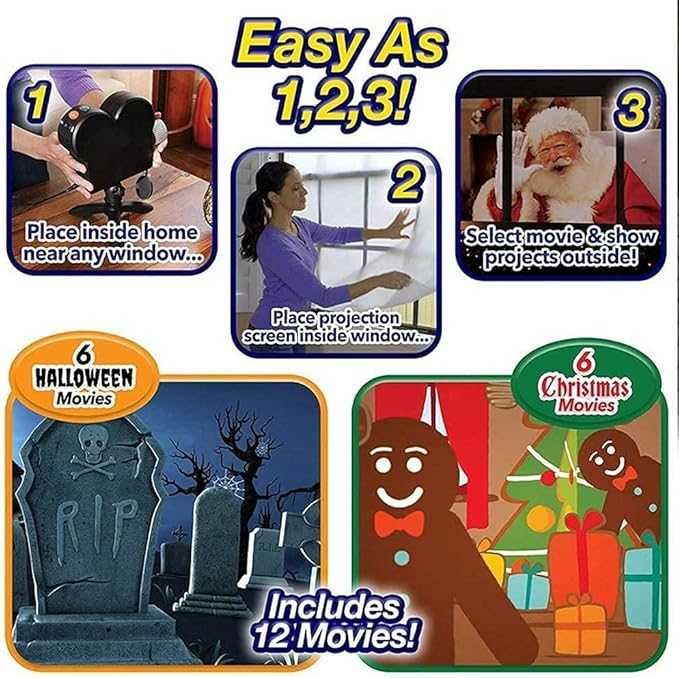 Холограмен проектор YGBrand за Хелоуин, коледна украса,12 филма