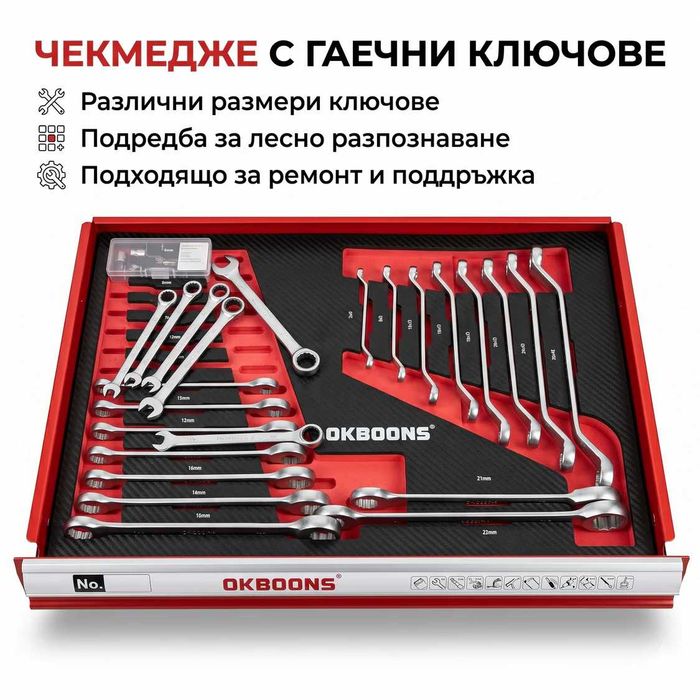 НЕМСКИ Шкаф С Инструменти OKBOONS – 193 Части 7 Чекмеджета + ЛЕД ФЕНЕР