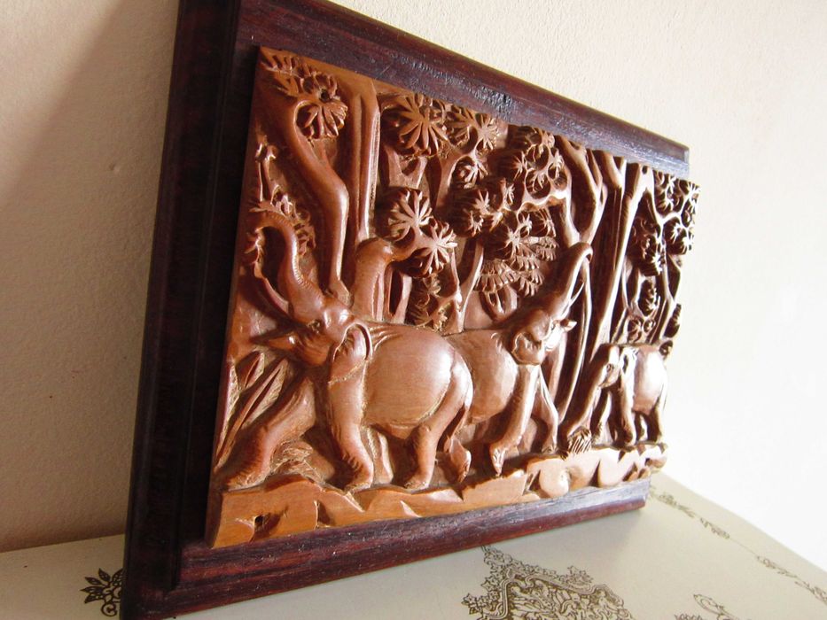 rar Frăția elefantilor tablou 3D sculptura lemn 20,5 x15cm Bali 1980