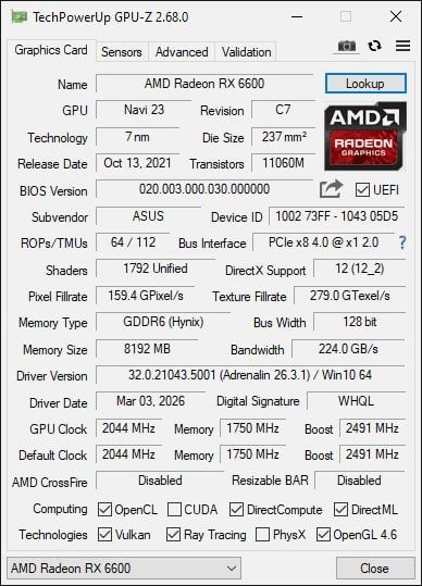 Asus Dual  RX 6600 8GB видео карта