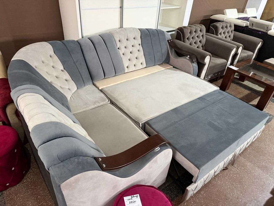 Colțar Extensibil – 255x90 cm, Structură Metalică, Gri/Bej – Nou