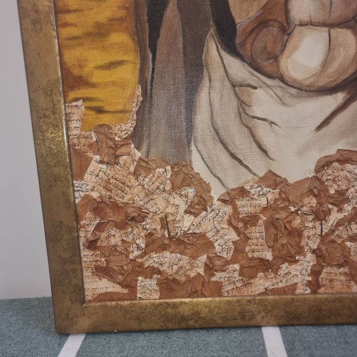 Tablou decorativ mare, tehnică mixtă (colaj + pictură pe pănză), 76×67