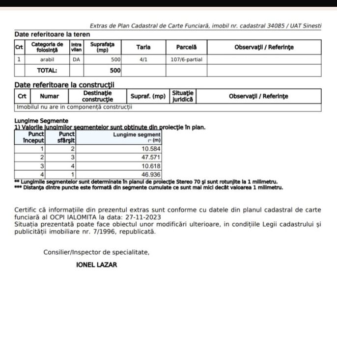 Oferta. Teren intravilan de vanzare Sinesti 500m
