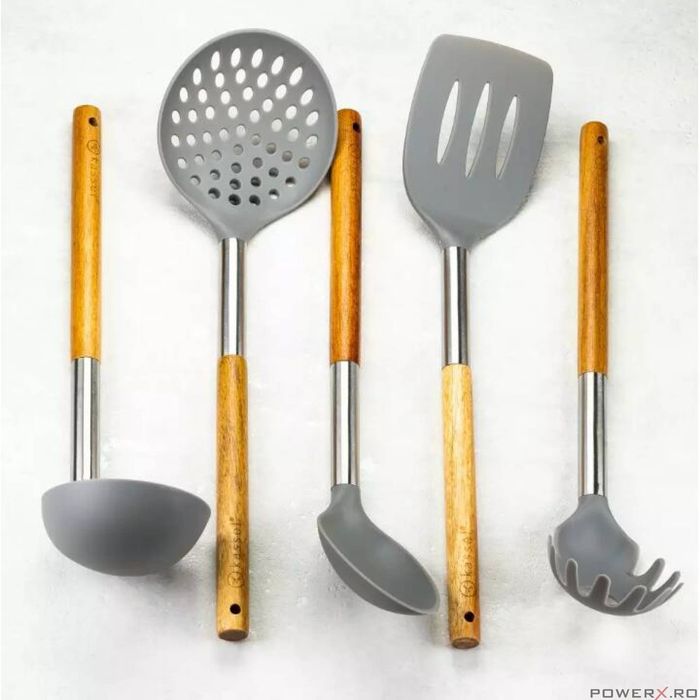 Ustensile de servire, 5 piese, lemn de salcam si otel, Kassel