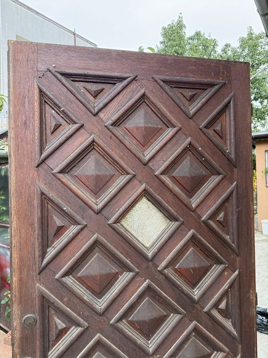 Ușă veche din lemn masiv, model geometric, vintage – 2015 × 960 mm