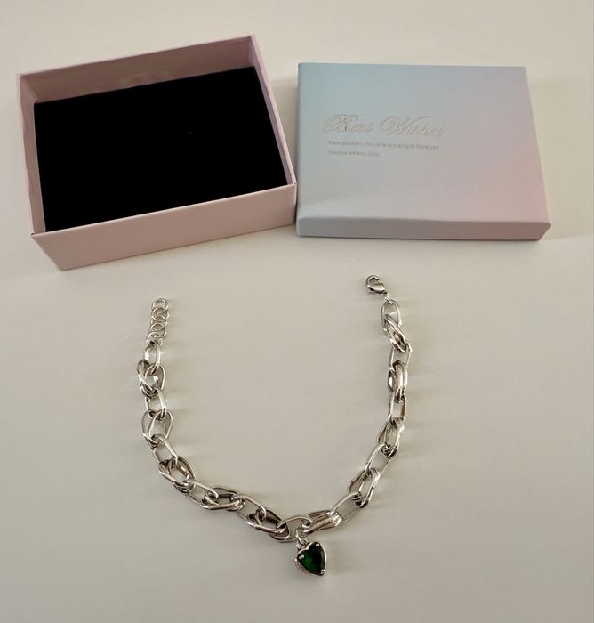 Сребро S925 / Сребърна гривна със зелен цирконий - 20см