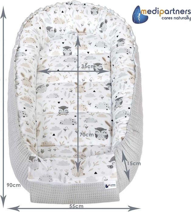 Medi Partners – Бебешко гнездо Cuddle Nest, 100% памук, Waffle, 100 × 60 × 15 см, сив цвят с животни