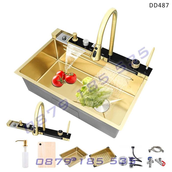 Луксозна златна кухненска мивка функции дисплей модерна чешма водопад
