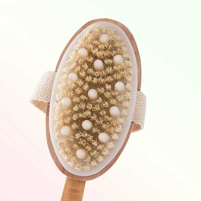 Дървена четка за тяло с натурални влакна, ексфолиращ и масажен ефект