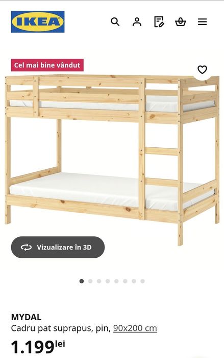 Vând pat suprapus Ikea, lemn masiv, stare excelenta