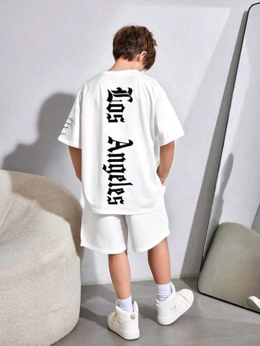 Compleu baieti 12 ani, set pantalon si tricou alb