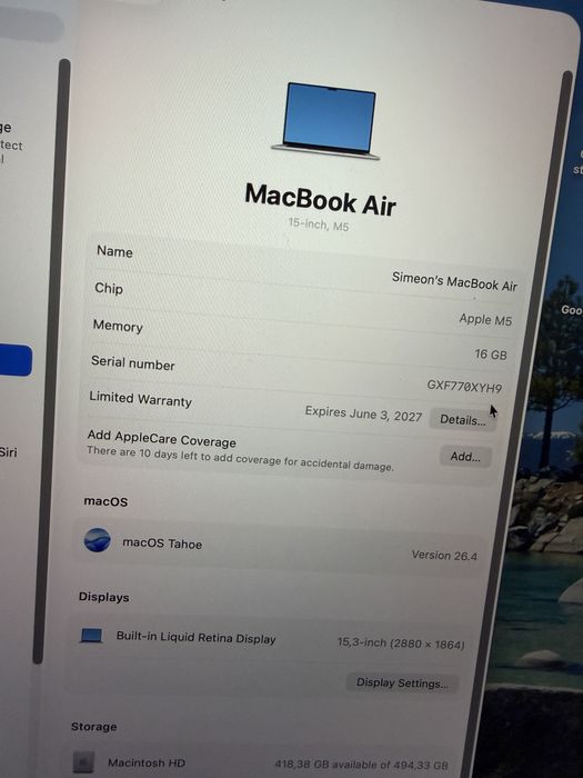 Лаптоп Apple - MacBook Air 15-inch Laptop - M5 chip with 10-core CPU and 10-core GPU - 16GB Memory - 512GB SSD - Silver
