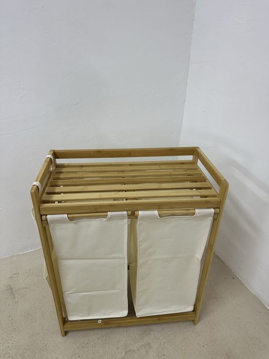 Бамбуков кош за пране SONGMICS 2x50L с рафт и странични джобове