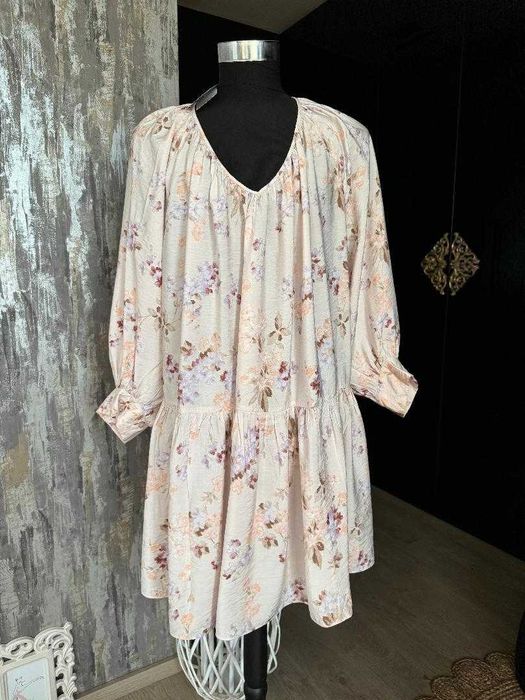 Rochie bej cu maneci bufante si volan noua H&M marime L - XL