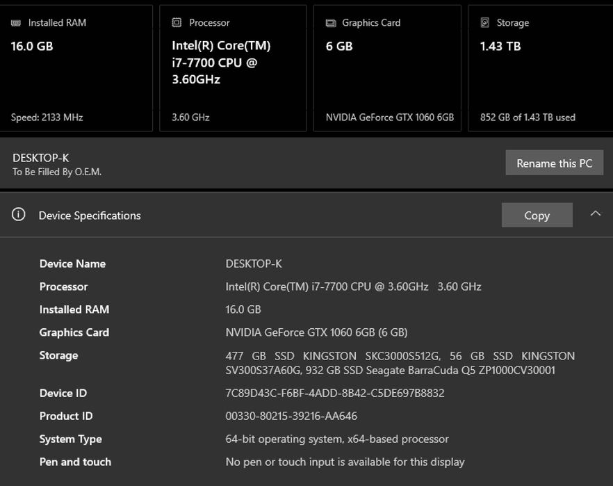 Desktop i7-7700 CPU 3,6 GHz 16 RAM