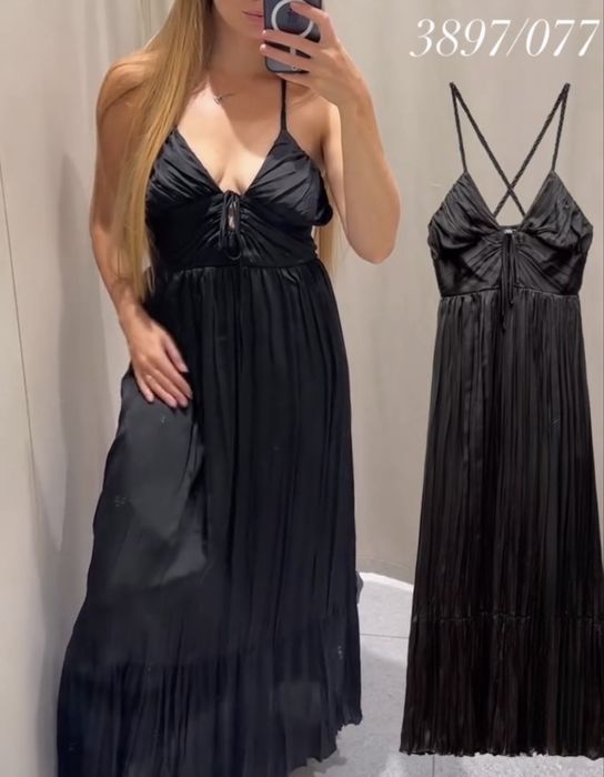 Дълга черна сатенена рокля ZARA