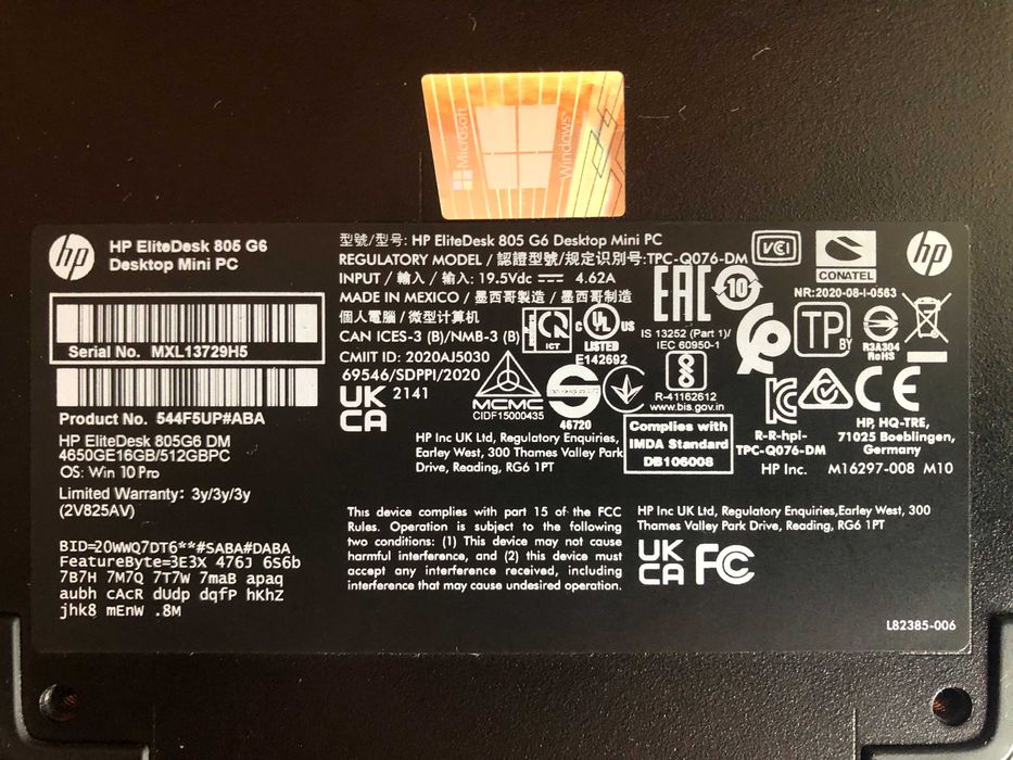 HP EliteDesk 805 G6 Mini, AMD Ryzen 5 Pro 4650GE 3.3 GHz (8 MB),8 GB, DDR4,No hard drve, AMD Radeon Vega