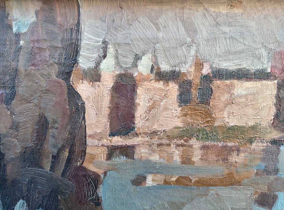 Tablou vechi - peisaj pe malul apei - semnat TP ( Pallady)