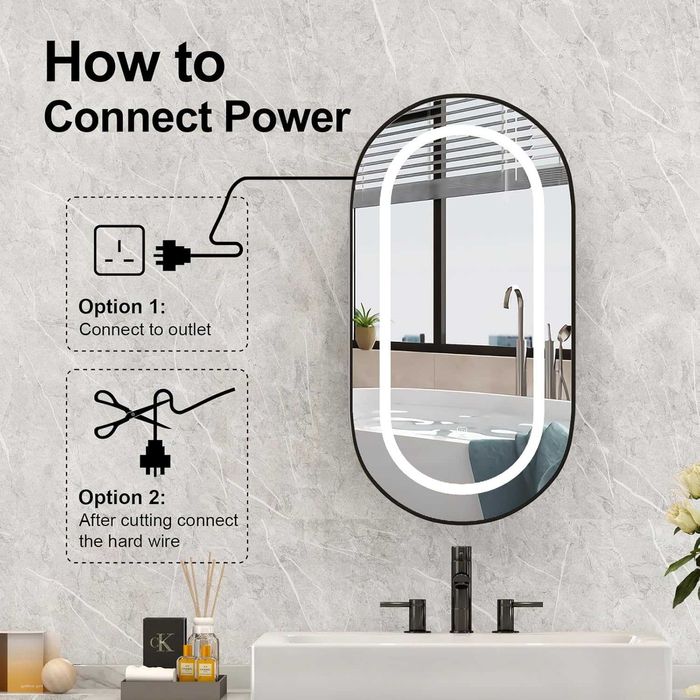 ЛЕД LED огледален шкаф за баня с осветление, 42x80см  овален черен