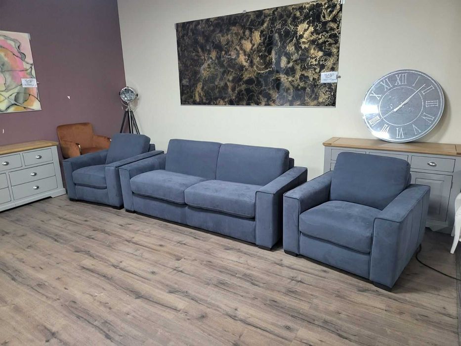 Сив комплект от плат набук диван тройка с функция сън и два фотьойла