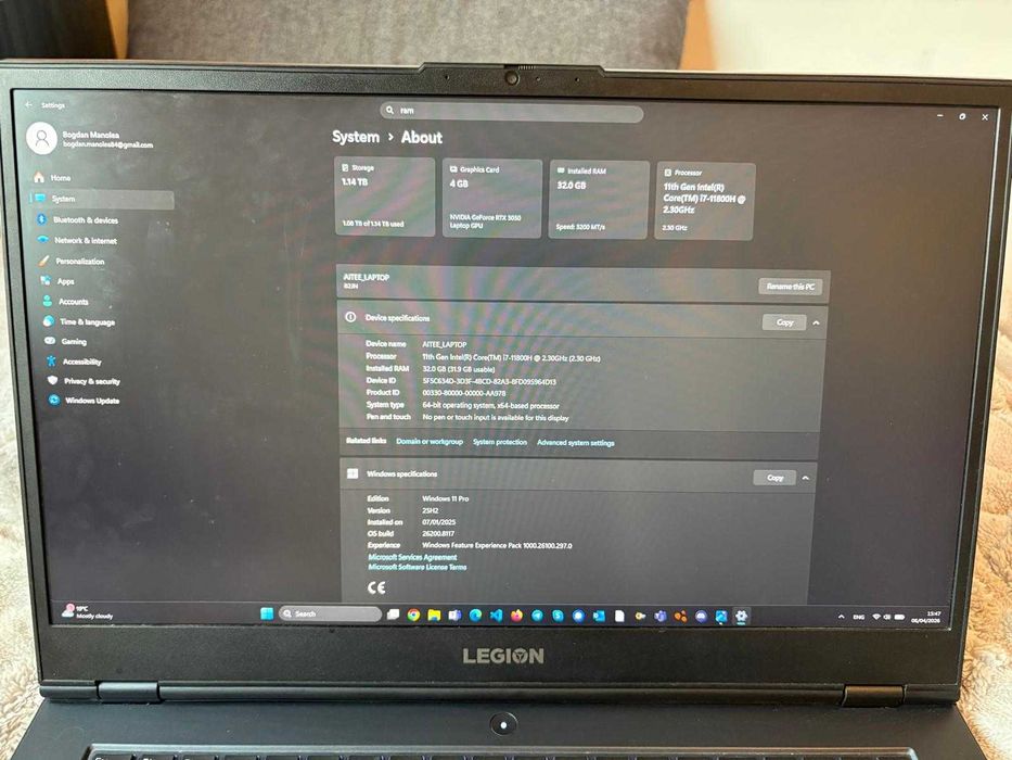 Laptop Gaming  Legion Lenovo - Intel Core i7, 32GB RAM, 17,5 “