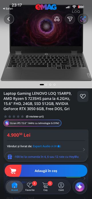 Laptop Lenovo LOQ 15ARP9 512GbSSD 24GbDDR5 Rtx3050 6Gb GDDR6 144Hz