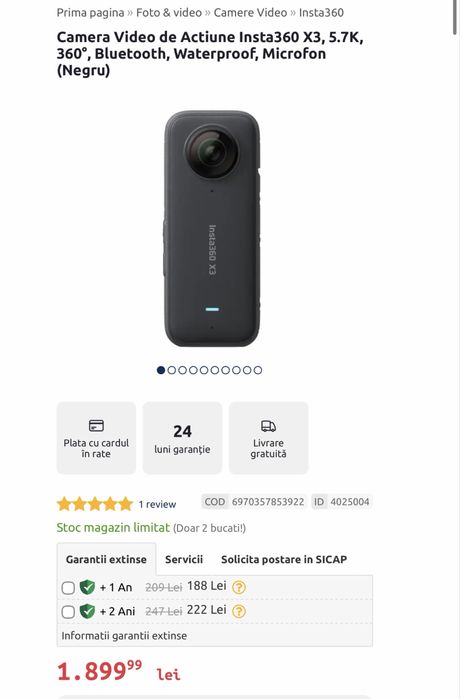 Camera Video de Acțiune Insta360 X3 5.7K Waterproof + Selfie Stick Noi